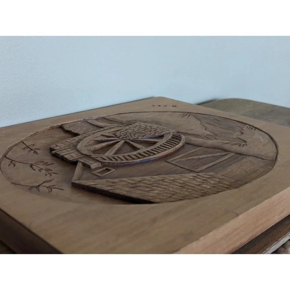 Vintage Hand Carved Wood Relief 3-D Wall Plaque Decor Water Mill Wheel Signed